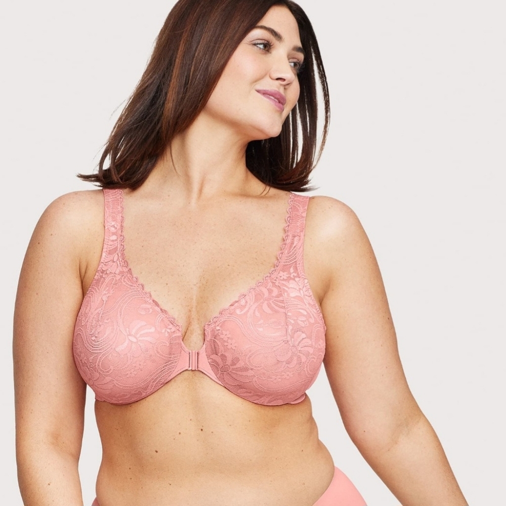 Glamorise bra 44C petal pink lace WonderWire front closure plus size new$60